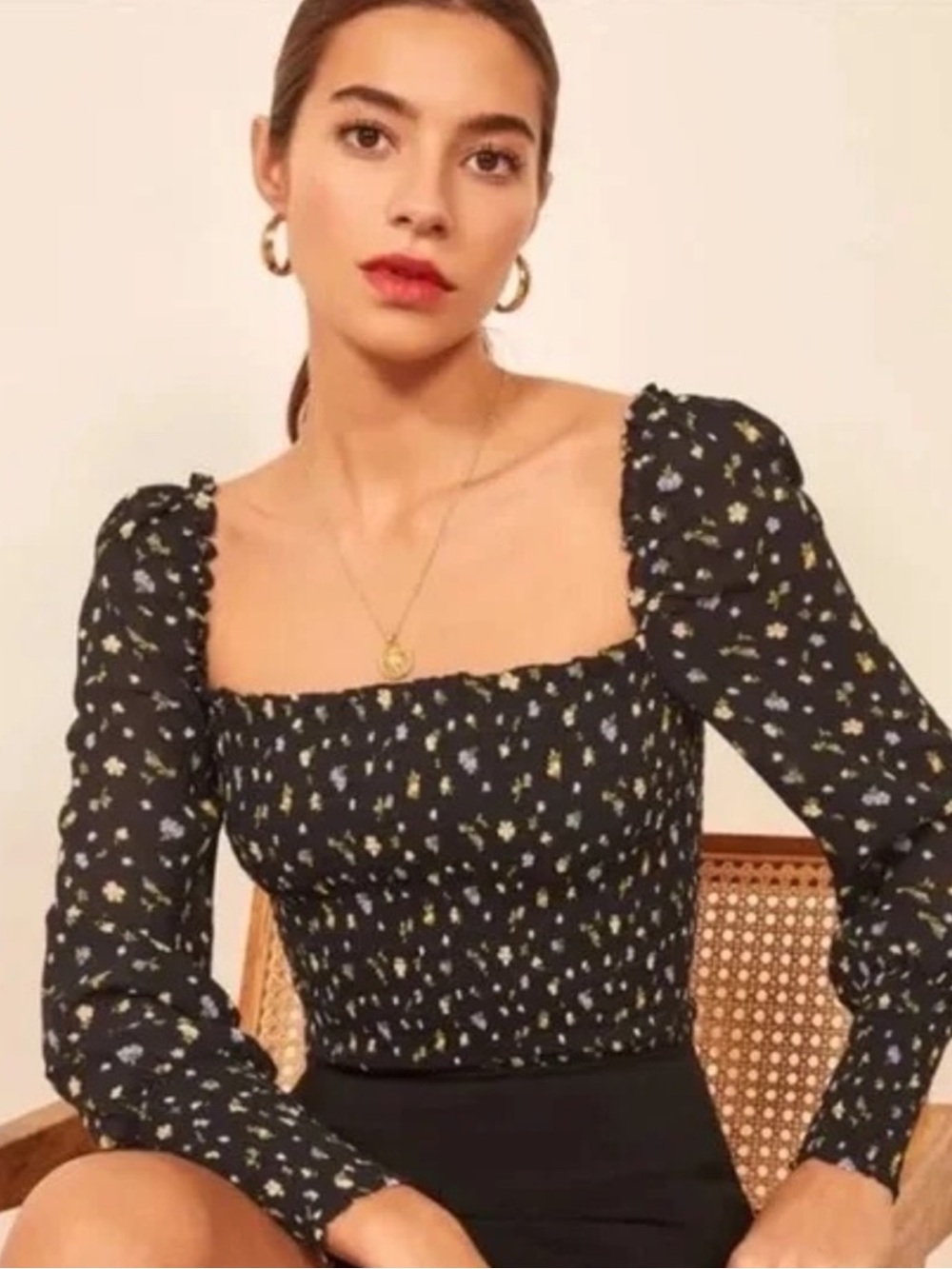 Reformation Pinto long sleeve top in black floral XS